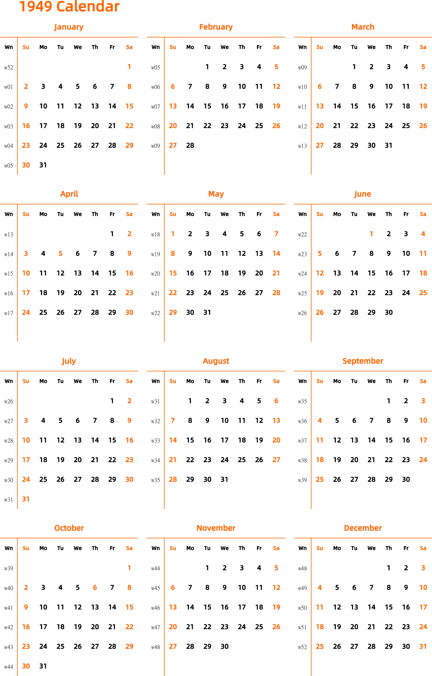 日历表1949年日历英文版纵向排版周日开始带周数带节假日调休安排- 模板[DF004] - 日历精灵